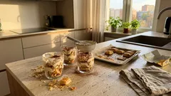 Szybki deser w pucharkach z ciasta francuskiego i kremu śmietanowego